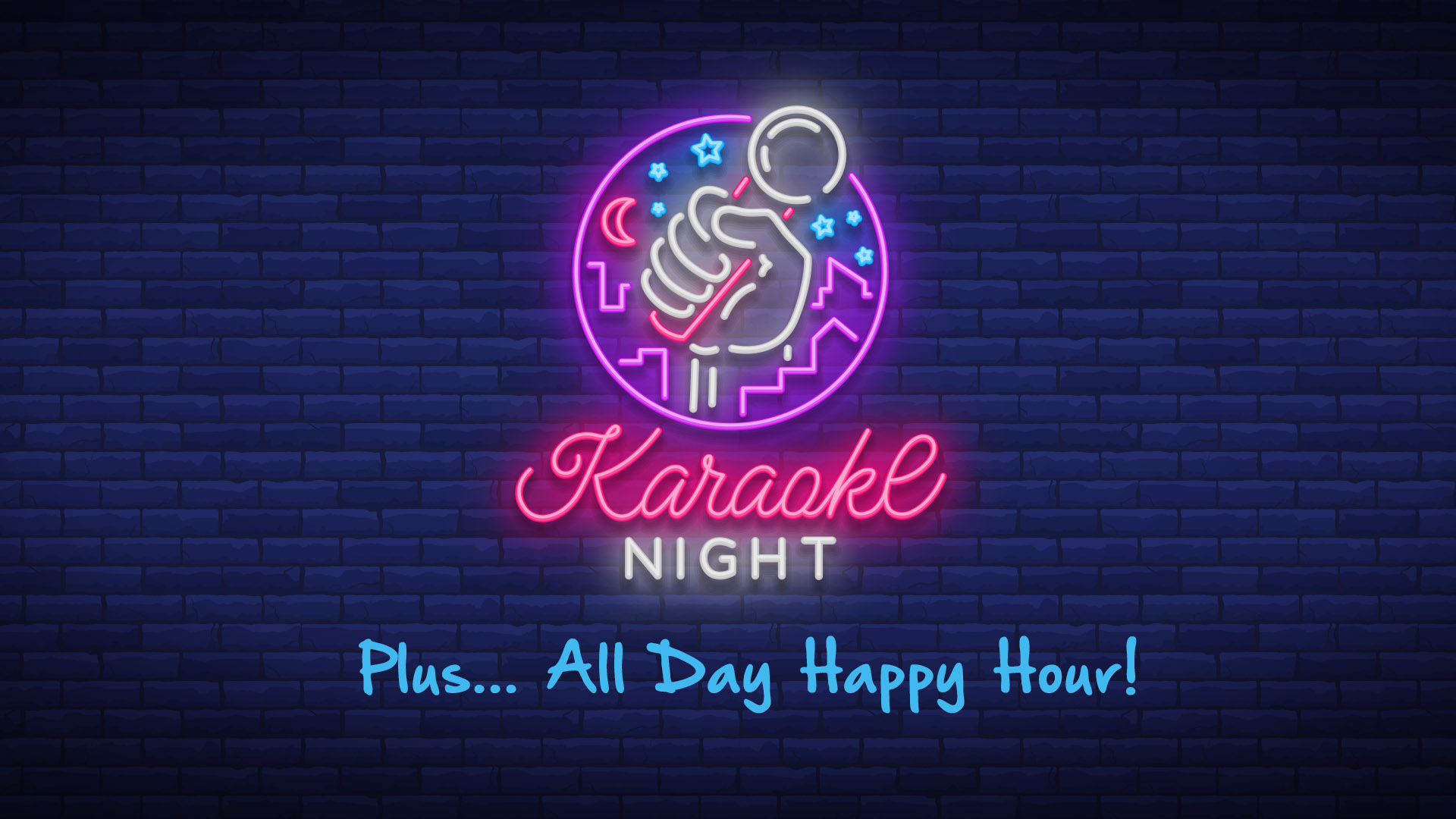 Neon sign hanging on a blue brick wall with microphone to promote Karaoke night at Bottled in Bond The Parlour. Plus there will be all day happy hour.