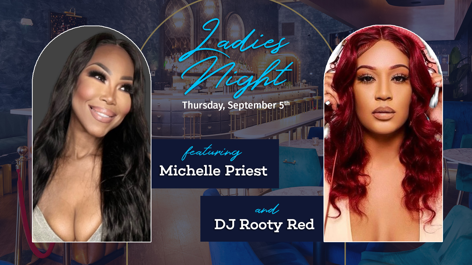 Michelle Priest and DJ Rooty Red will be performing for Ladies Night at Bottled in Bond The Parlour in Frisco, Texas on Thursday, September 5, 2024. Doors open at 5:00pm. Music starts at 7:30pm.