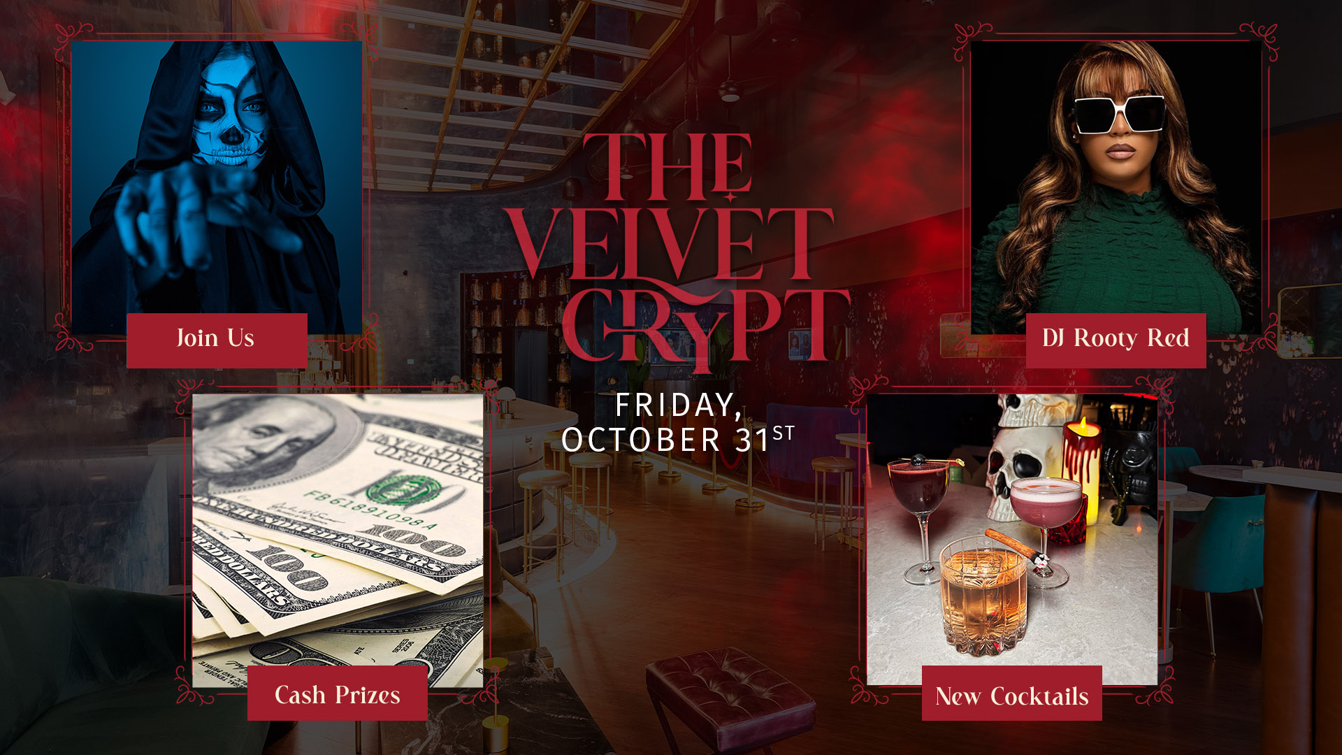 The Velvet Crypt Halloween Event at Bottled in Bond, The Parlour on Friday, October 31st. The night will feature cash prizes for the best costume, full menu, new cocktails, and Dj Rooty Red.